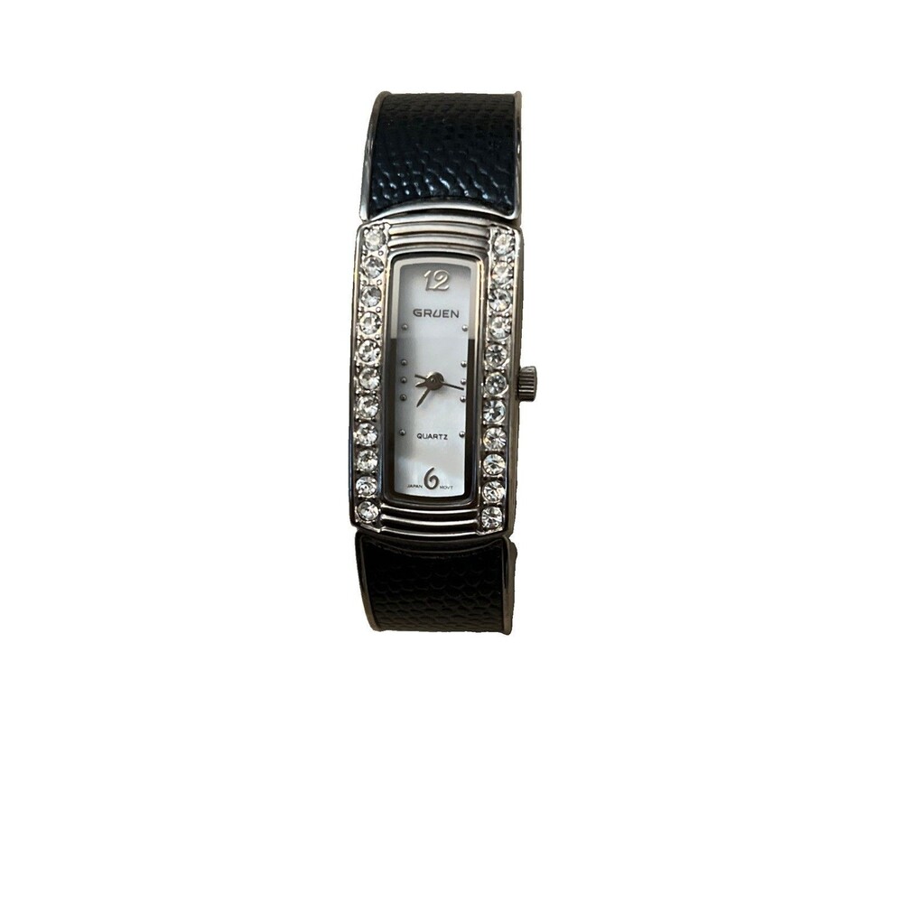 Y2K Ladies Vintage GRUEN Watch White Rhinestone Mother Of Pearl Wristwatch Black